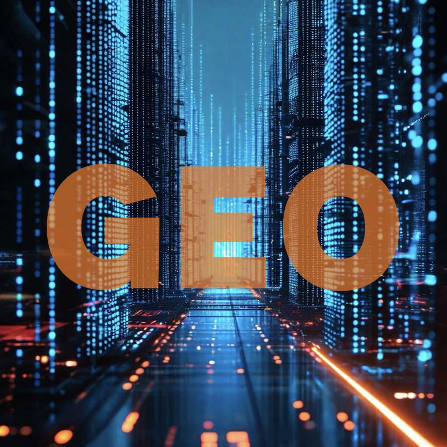 Symbolbild für GEO, die Generative Engine Optimization, also die Optimierung von Webseiten fürdie KI Suche. Das Bild zeigt das Akronym "GEO" auf einem futuristischen blau schwarzen Hintergrund.